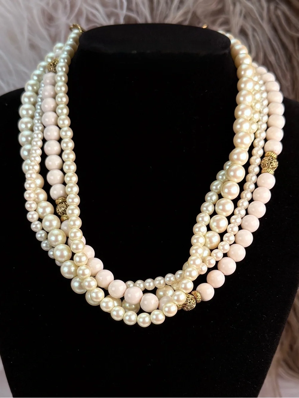 1928 Multi Strand Cream Blush Bead Gold Tone Statement Necklace Vintage
